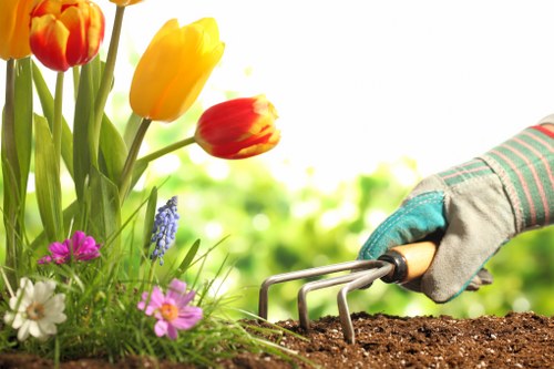 Ealing gardener planting colorful flowers in a well-designed garden